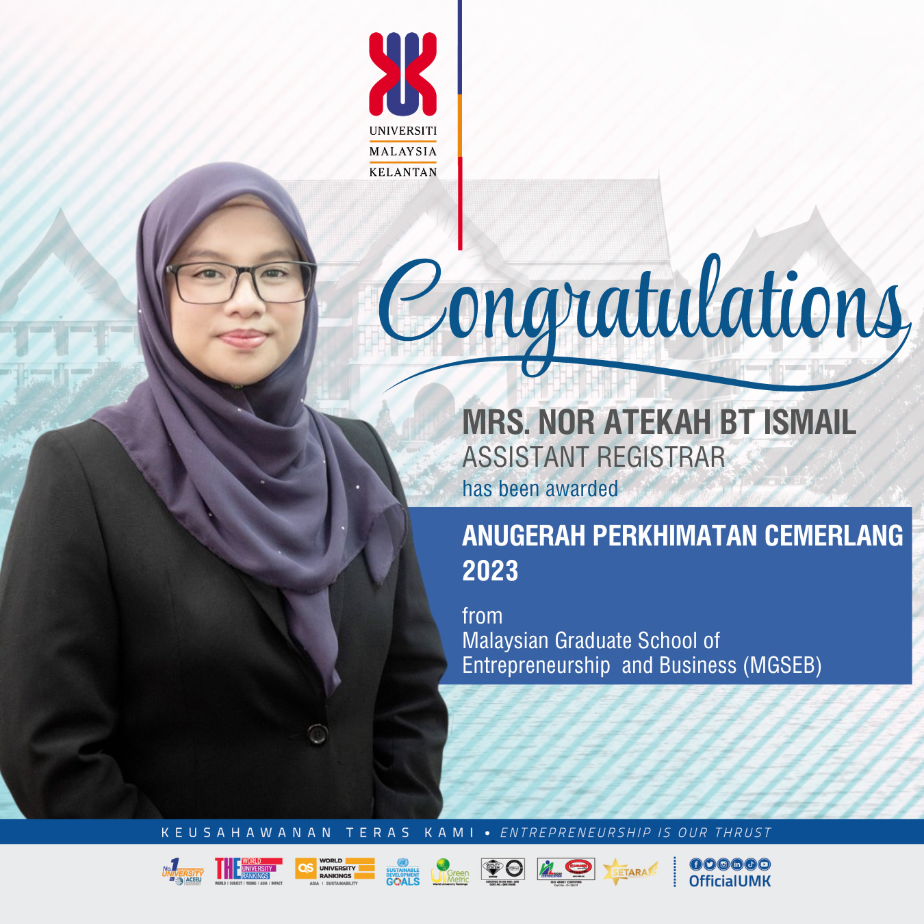 Congratulations to Mrs. Nor Atekah Bt Ismail  for being awarded the Anugerah Perkhidmatan Cemerlang 2023 